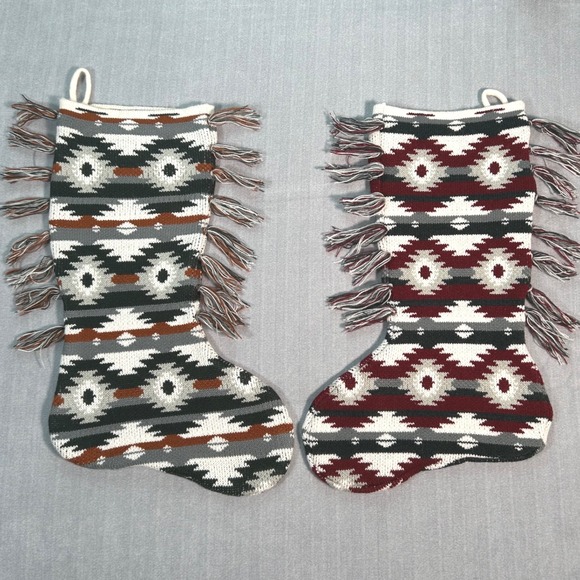 Southwestern Knit Christmas Stockings Fringe Aztec Pattern Holiday Decor Set - Picture 2 of 11